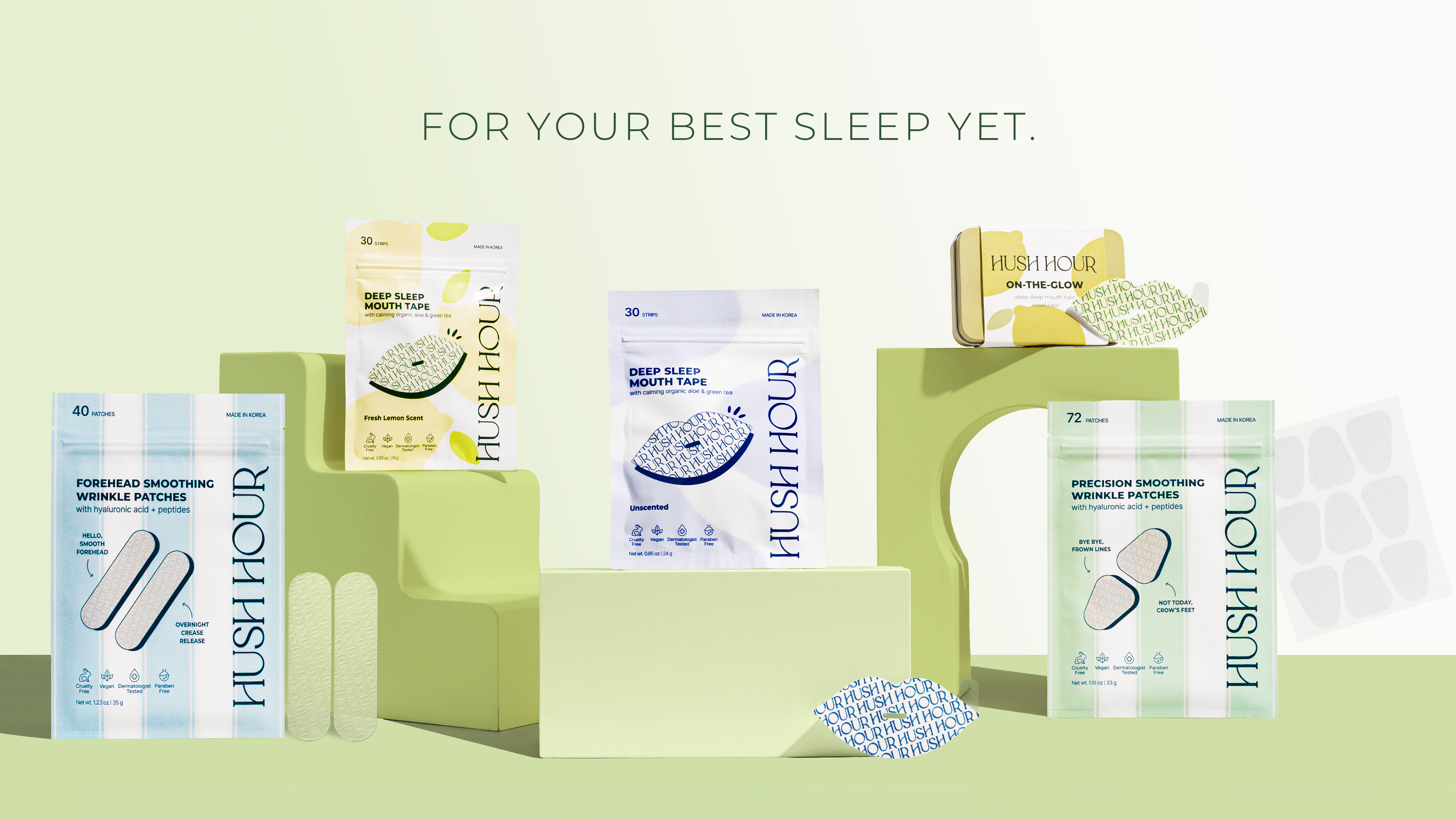 Collection of Hush Hour sleep aid products on a light green background