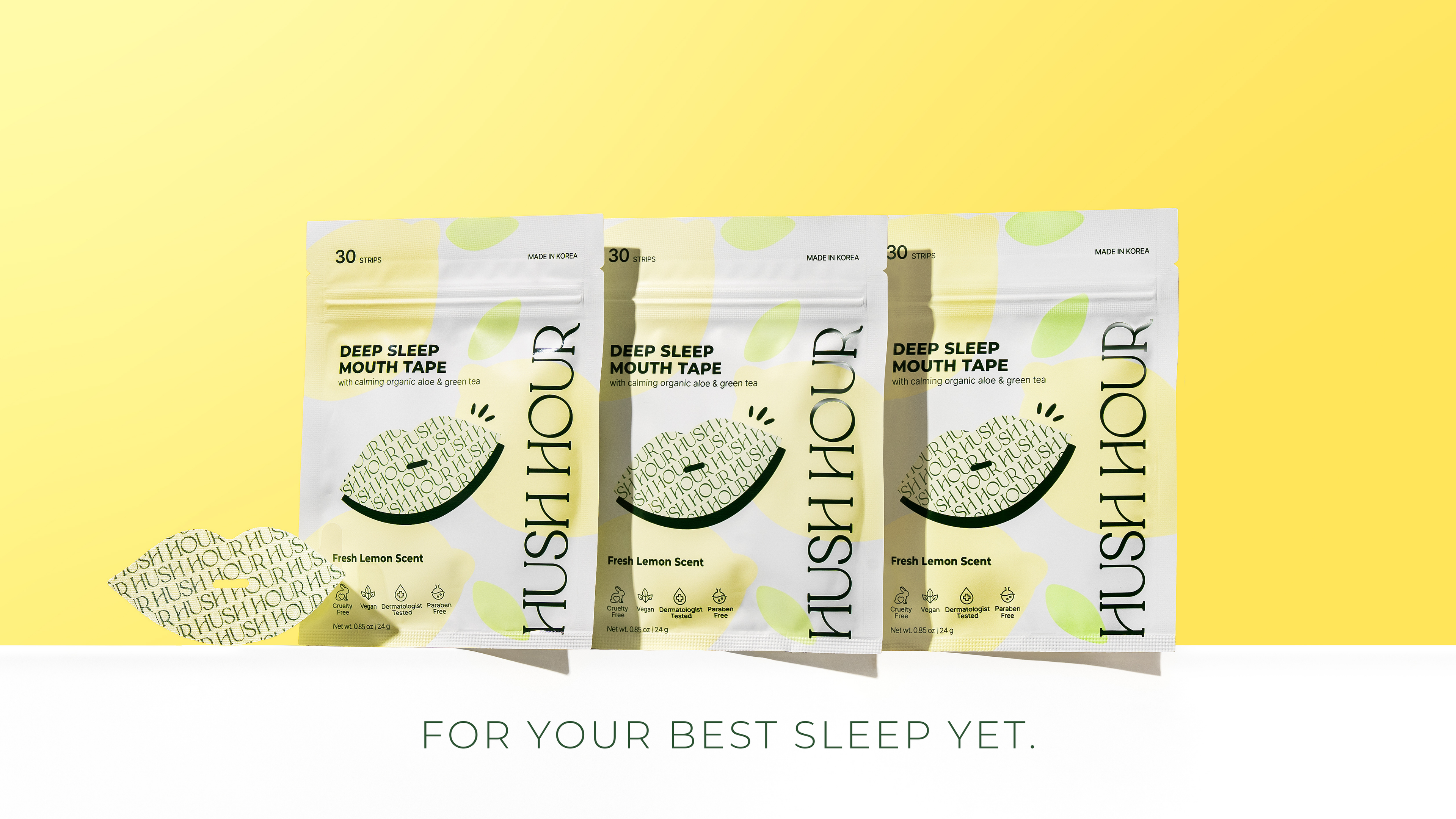 Three packages of Hush Hour Deep Sleep Mouth Tape displayed on a yellow background
