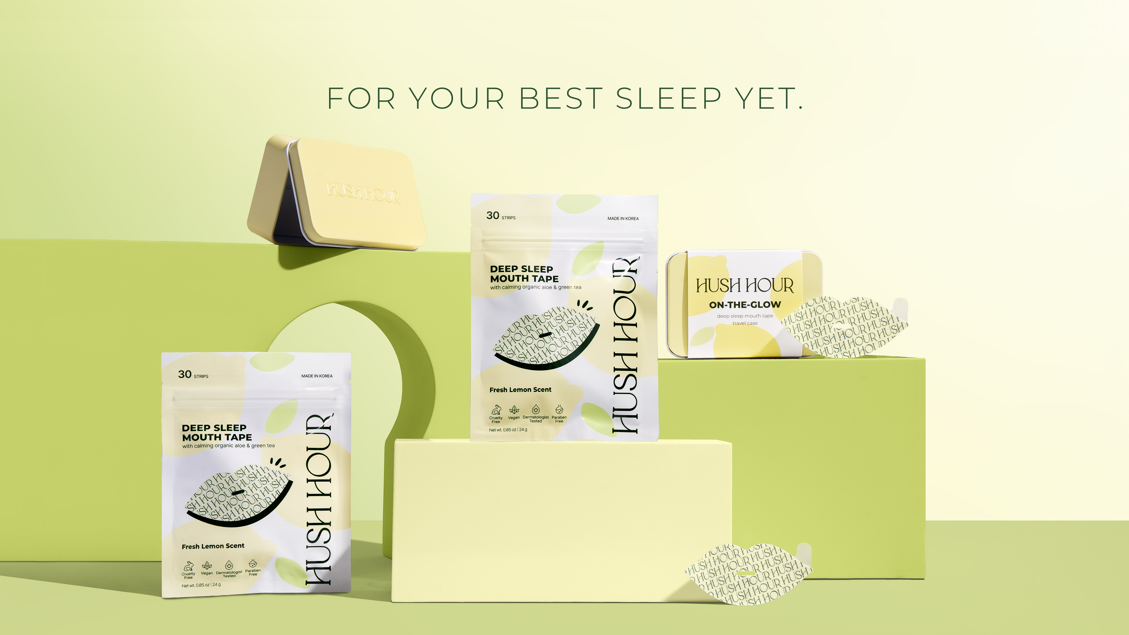 Hush Hour sleep aid products on a green background with text 'For your best sleep yet'.