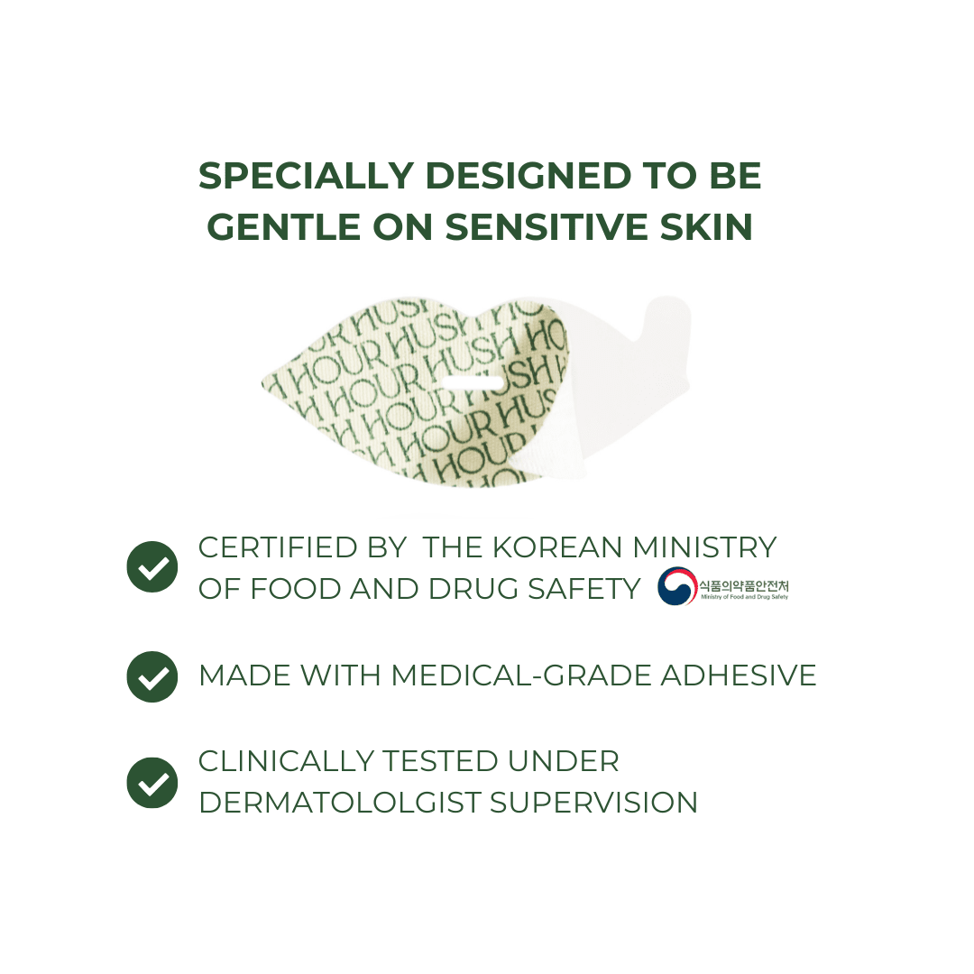 Product packaging with text indicating gentle on sensitive skin, certification by the Korean Ministry of Food and Drug Safety, medical-grade adhesive, and dermatologist supervision.