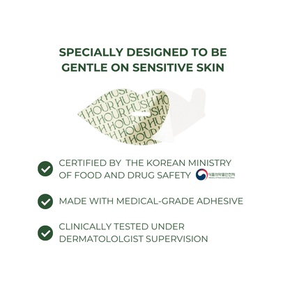 Product packaging with text indicating gentle on sensitive skin, certification by the Korean Ministry of Food and Drug Safety, medical-grade adhesive, and dermatologist supervision.