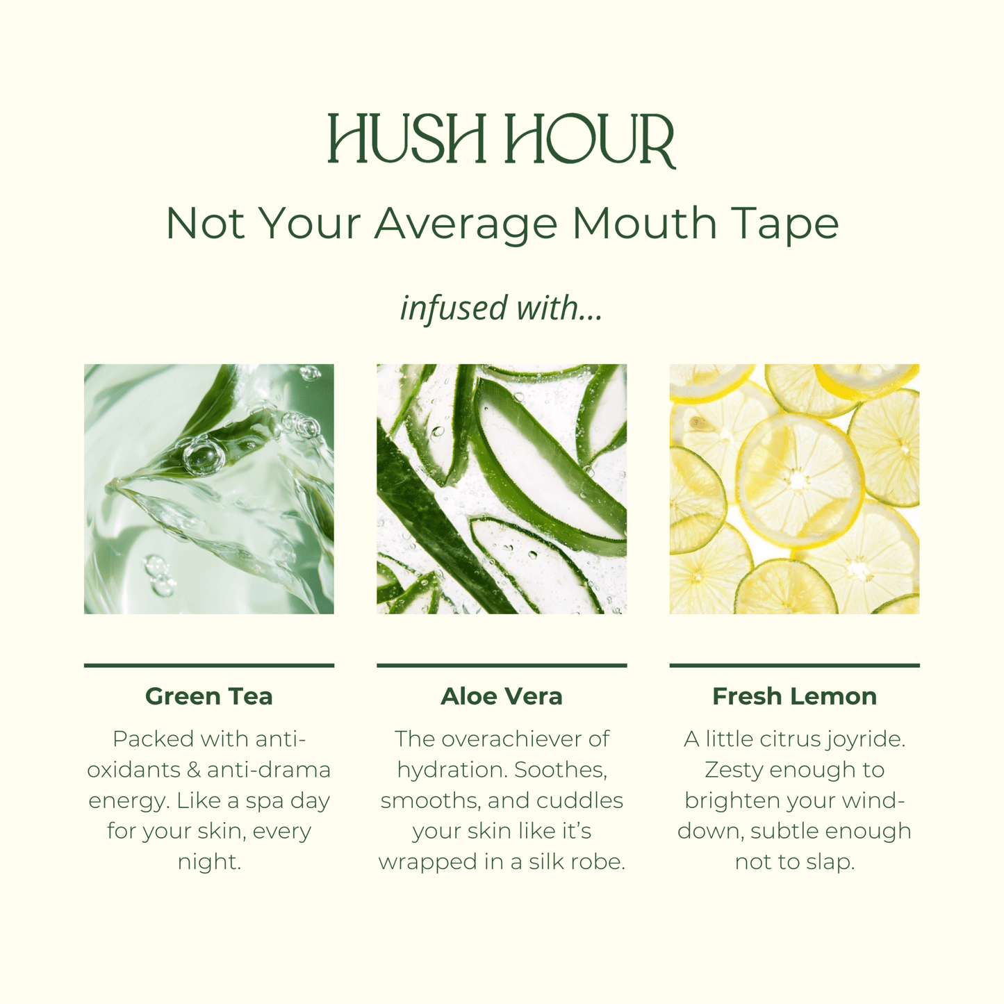 Promotional graphic for 'Hush Hour' mouth tape with ingredients and benefits.