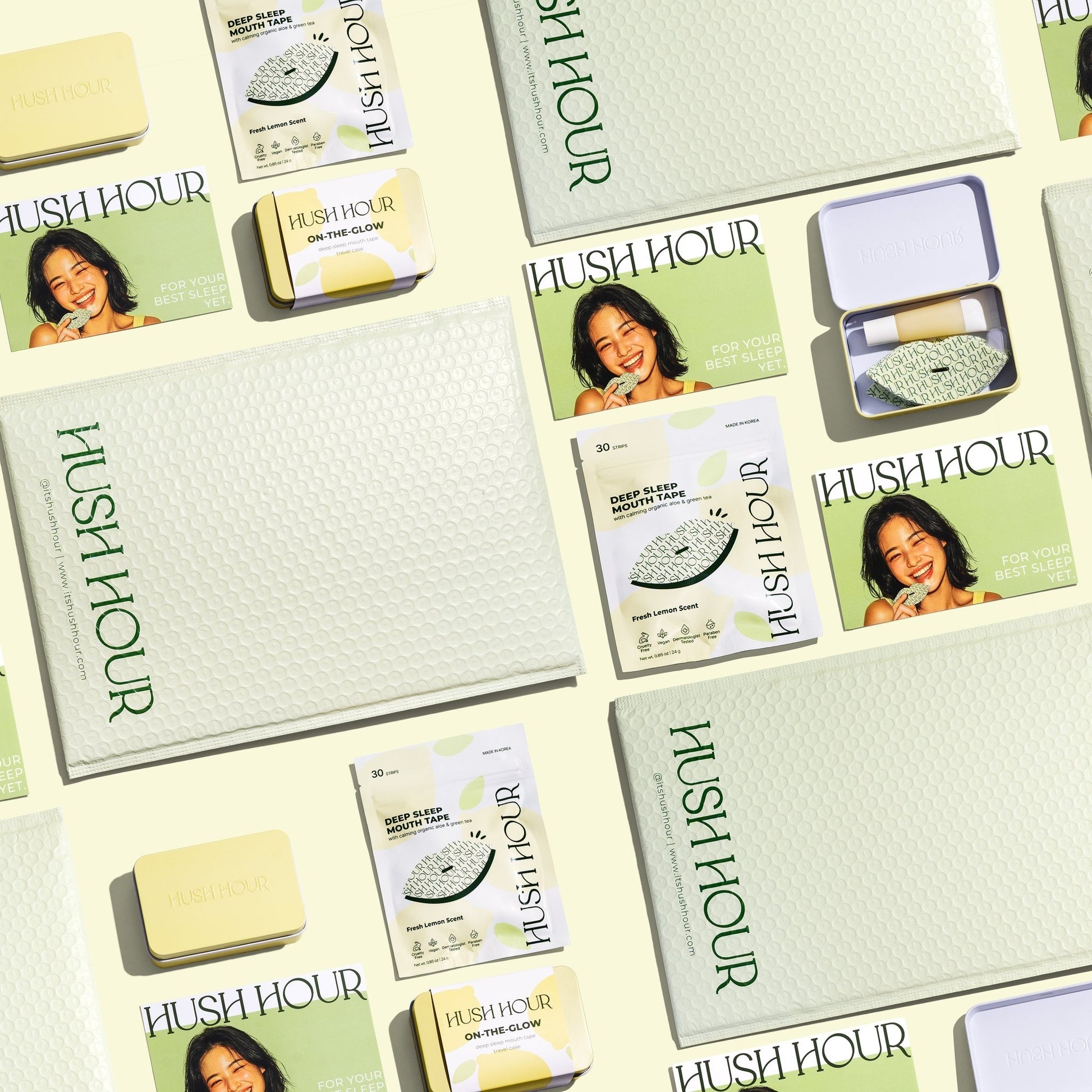 Hush Hour products including pads, wipes, and a soap bar on a light background