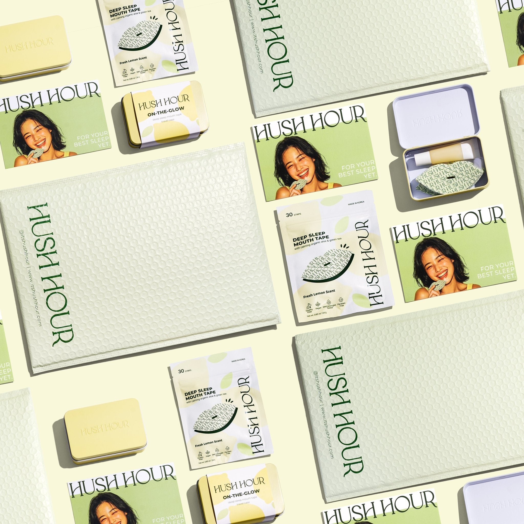 Hush Hour products including pads, wipes, and a soap bar on a light background