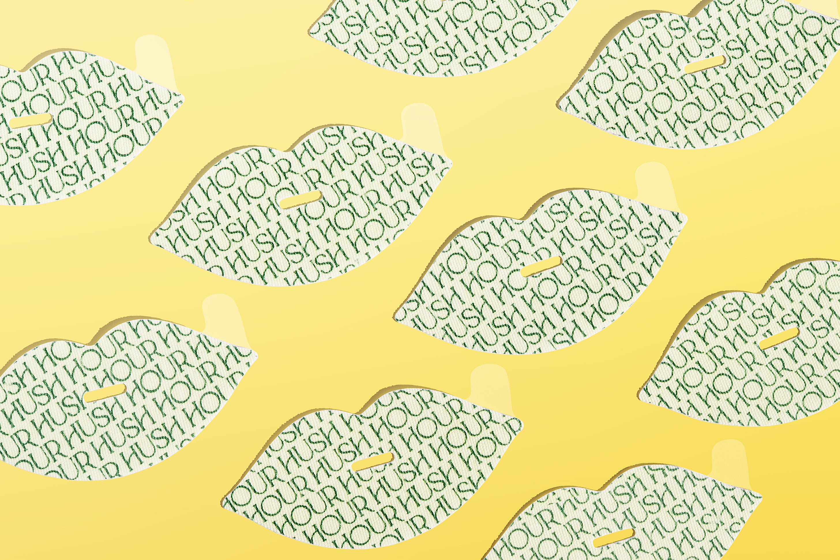Pattern of lips with 'HUSH' text on a yellow background
