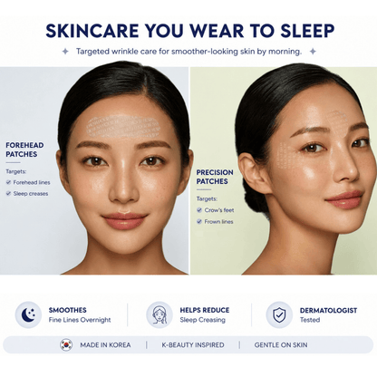 Advertisement for skincare patches targeting wrinkles with a before-and-after comparison on a woman's face.